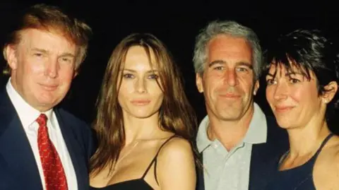 Trump, Melania, Epstein, and Ghislaine Maxwell posing together