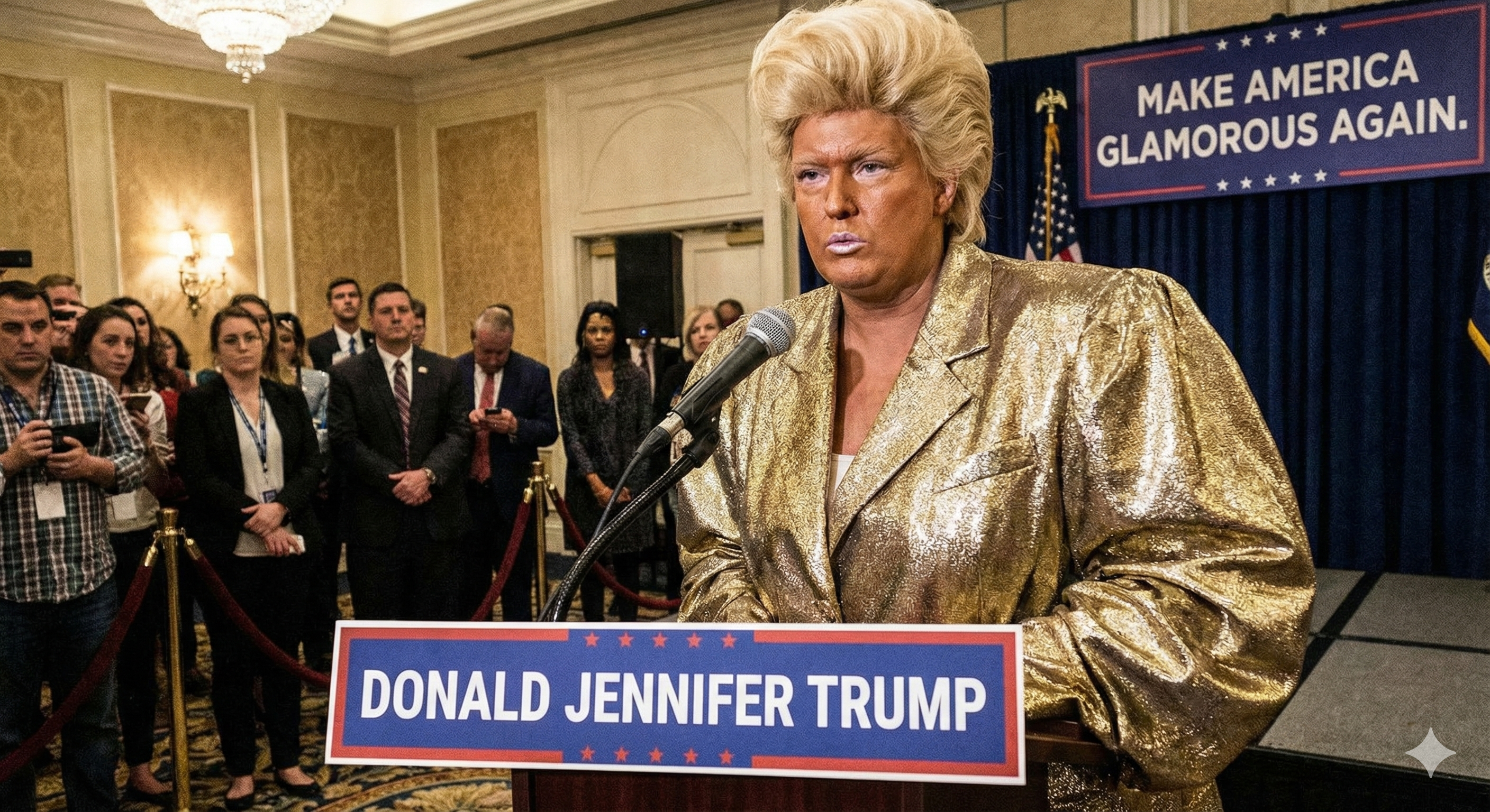 Donald Jennifer Trump at podium with Make America Glamorous Again sign